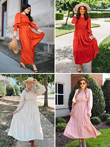 ZESICA Women's 2024 Casual Long Sleeve Crew Neck High Waist Smocked Flowy Tiered Midi Dress,ArmyGreen,Medium