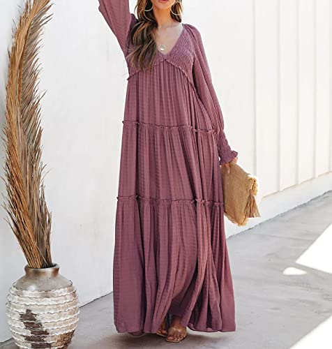 R.Vivimos Maxi Dress for Women Long Sleeve V Neck Empire Waist Layered Ruffle Boho Casual Flowy Long Dresses (Small, DarkRose)