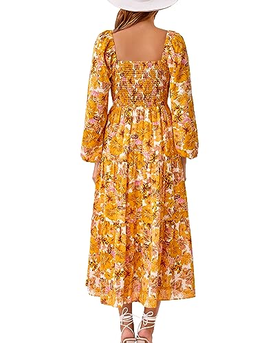 BTFBM Women Fall Fashion Floral Boho Dresses Puff Long Sleeve Smocked Cut Out Ruffle Flare Holiday Vacation Maxi Dress(Big Floral White Yellow, Small)