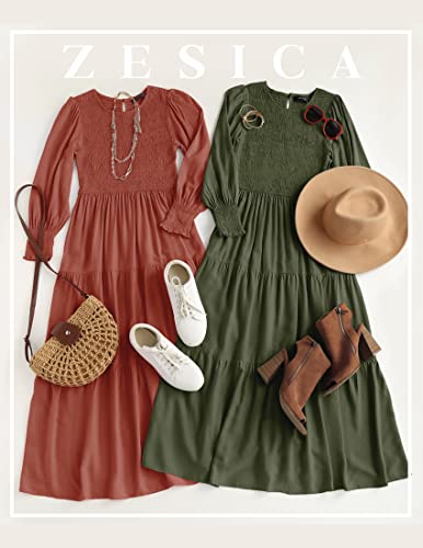 ZESICA Women's 2024 Casual Long Sleeve Crew Neck High Waist Smocked Flowy Tiered Midi Dress,ArmyGreen,Medium