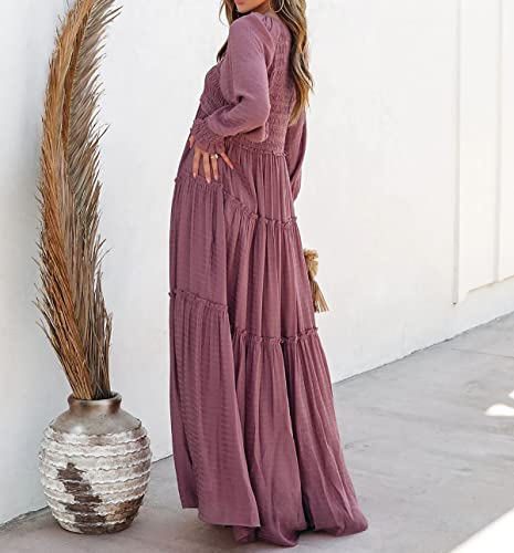 R.Vivimos Maxi Dress for Women Long Sleeve V Neck Empire Waist Layered Ruffle Boho Casual Flowy Long Dresses (Small, DarkRose)