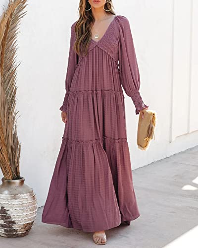 R.Vivimos Maxi Dress for Women Long Sleeve V Neck Empire Waist Layered Ruffle Boho Casual Flowy Long Dresses (Small, DarkRose)