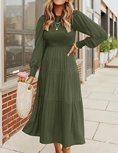 ZESICA Women's 2024 Casual Long Sleeve Crew Neck High Waist Smocked Flowy Tiered Midi Dress,ArmyGreen,Medium