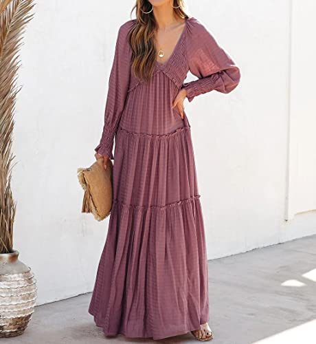 R.Vivimos Maxi Dress for Women Long Sleeve V Neck Empire Waist Layered Ruffle Boho Casual Flowy Long Dresses (Small, DarkRose)