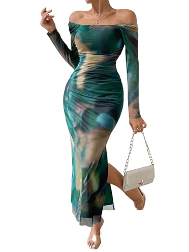 Floerns Women's Off Shoulder Tie Dye Long Sleeve Slit Hem Evening Bodycon Dress Green Medium