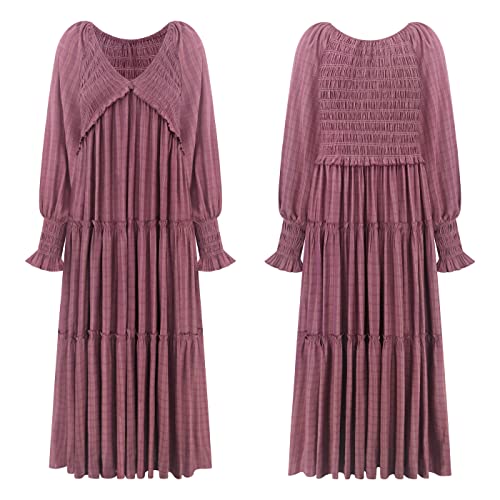 R.Vivimos Maxi Dress for Women Long Sleeve V Neck Empire Waist Layered Ruffle Boho Casual Flowy Long Dresses (Small, DarkRose)