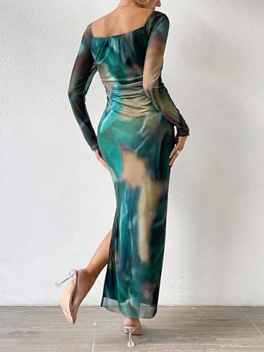 Floerns Women's Off Shoulder Tie Dye Long Sleeve Slit Hem Evening Bodycon Dress Green Medium