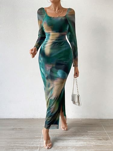 Floerns Women's Off Shoulder Tie Dye Long Sleeve Slit Hem Evening Bodycon Dress Green Medium