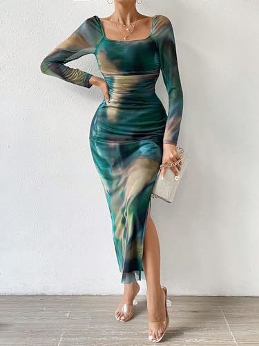 Floerns Women's Off Shoulder Tie Dye Long Sleeve Slit Hem Evening Bodycon Dress Green Medium