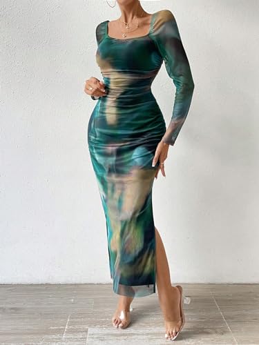 Floerns Women's Off Shoulder Tie Dye Long Sleeve Slit Hem Evening Bodycon Dress Green Medium
