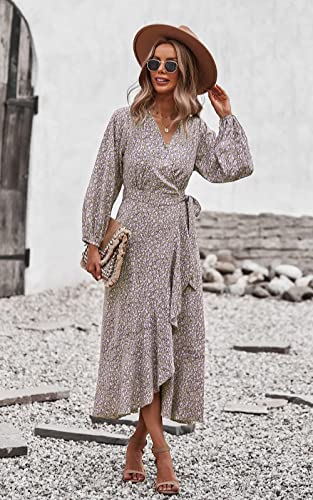 PRETTYGARDEN Women's Long Sleeve Vintage Flowy Dress Floral Print V-Neck Maxi Dresses with Belt (Khaki,Medium)