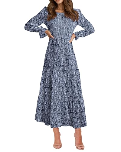 BTFBM Women Casual Long Sleeve Crew Neck Fall Dress Bohemian Relaxed Fit Floral Flowy Maxi Dresses Tiered Cocktail Dress(Floral Dark Blue,Medium)