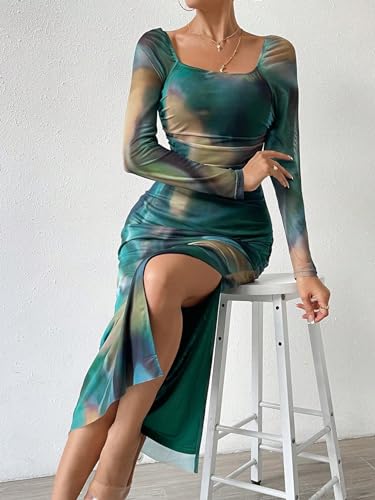 Floerns Women's Off Shoulder Tie Dye Long Sleeve Slit Hem Evening Bodycon Dress Green Medium