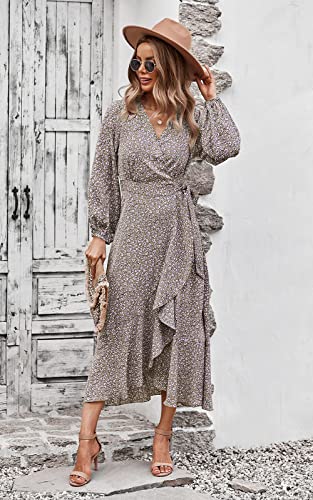 PRETTYGARDEN Women's Long Sleeve Vintage Flowy Dress Floral Print V-Neck Maxi Dresses with Belt (Khaki,Medium)