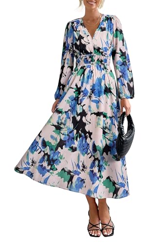 PRETTYGARDEN Women's 2024 Fall Fashion Dress Floral Print Long Sleeve V Neck Maxi Boho Dresses (Black Blue Floral,Large)