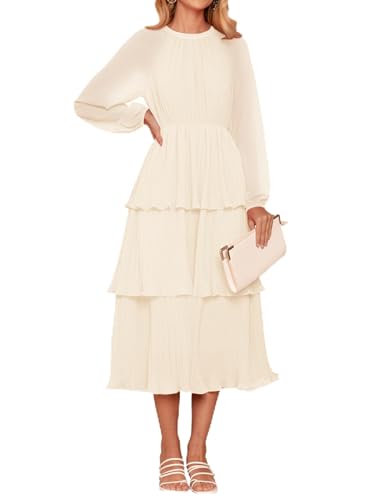 ZESICA Women's 2024 Long Sleeve Crew Neck Ruffle Tiered Layered Chiffon Flowy Swing Long Midi Dress,Apricot,Small