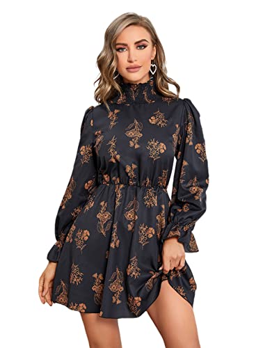 Floerns Women's Mock Neck Long Sleeve Floral Print Ruffle Short Dress Black Multi XL