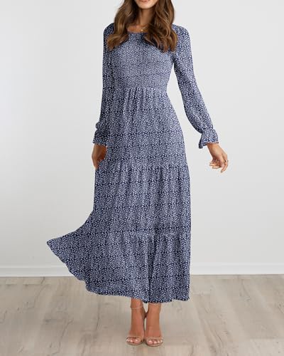 BTFBM Women Casual Long Sleeve Crew Neck Fall Dress Bohemian Relaxed Fit Floral Flowy Maxi Dresses Tiered Cocktail Dress(Floral Dark Blue,Medium)