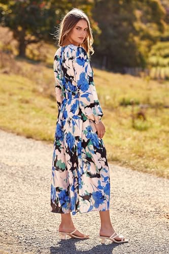 PRETTYGARDEN Women's 2024 Fall Fashion Dress Floral Print Long Sleeve V Neck Maxi Boho Dresses (Black Blue Floral,Large)