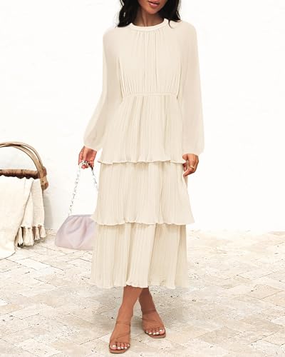 ZESICA Women's 2024 Long Sleeve Crew Neck Ruffle Tiered Layered Chiffon Flowy Swing Long Midi Dress,Apricot,Small