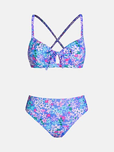 CUPSHE Women Bikini Set Two Piece Swimsuits Mid Waisted Bottom Crisscross Back Tie Scoop Neck Cut Out Bathing Suits L