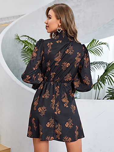 Floerns Women's Mock Neck Long Sleeve Floral Print Ruffle Short Dress Black Multi XL