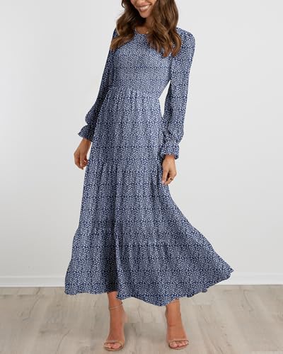 BTFBM Women Casual Long Sleeve Crew Neck Fall Dress Bohemian Relaxed Fit Floral Flowy Maxi Dresses Tiered Cocktail Dress(Floral Dark Blue,Medium)