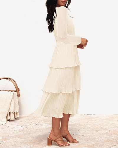 ZESICA Women's 2024 Long Sleeve Crew Neck Ruffle Tiered Layered Chiffon Flowy Swing Long Midi Dress,Apricot,Small