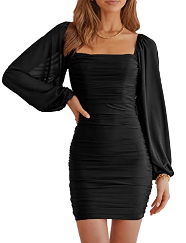 MASCOMODA Women Elegant Square Neck Lantern Long Sleeve Mini Ruched Bodycon Dress Stretch Mesh Slim Party Cocktail Dresses(Large,Black)