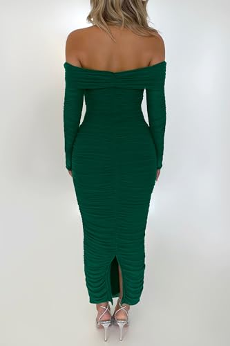 PRETTYGARDEN Women's Fall Off Shoulder Maxi Bodycon Dress Long Sleeve Ruched Fitted Club Dresses with Slit (Green,Medium)