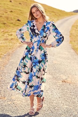PRETTYGARDEN Women's 2024 Fall Fashion Dress Floral Print Long Sleeve V Neck Maxi Boho Dresses (Black Blue Floral,Large)