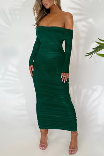 PRETTYGARDEN Women's Fall Off Shoulder Maxi Bodycon Dress Long Sleeve Ruched Fitted Club Dresses with Slit (Green,Medium)