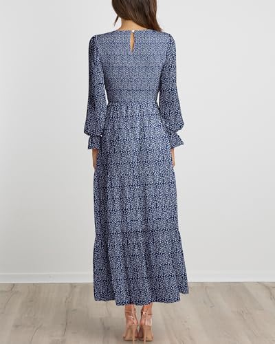 BTFBM Women Casual Long Sleeve Crew Neck Fall Dress Bohemian Relaxed Fit Floral Flowy Maxi Dresses Tiered Cocktail Dress(Floral Dark Blue,Medium)