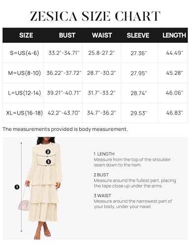 ZESICA Women's 2024 Long Sleeve Crew Neck Ruffle Tiered Layered Chiffon Flowy Swing Long Midi Dress,Apricot,Small
