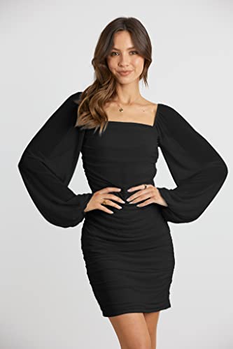 MASCOMODA Women Elegant Square Neck Lantern Long Sleeve Mini Ruched Bodycon Dress Stretch Mesh Slim Party Cocktail Dresses(Large,Black)