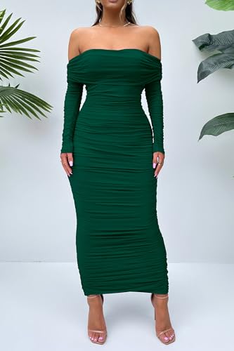 PRETTYGARDEN Women's Fall Off Shoulder Maxi Bodycon Dress Long Sleeve Ruched Fitted Club Dresses with Slit (Green,Medium)