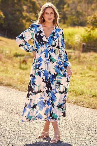PRETTYGARDEN Women's 2024 Fall Fashion Dress Floral Print Long Sleeve V Neck Maxi Boho Dresses (Black Blue Floral,Large)