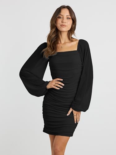 MASCOMODA Women Elegant Square Neck Lantern Long Sleeve Mini Ruched Bodycon Dress Stretch Mesh Slim Party Cocktail Dresses(Large,Black)