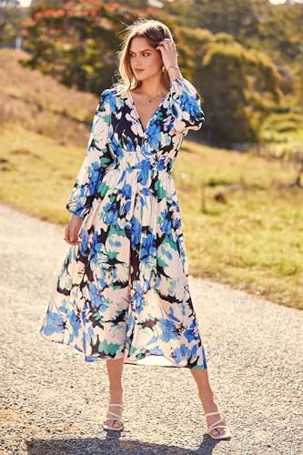 PRETTYGARDEN Women's 2024 Fall Fashion Dress Floral Print Long Sleeve V Neck Maxi Boho Dresses (Black Blue Floral,Large)