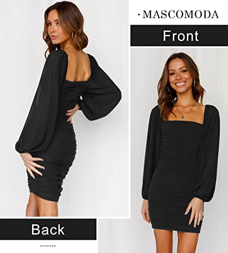 MASCOMODA Women Elegant Square Neck Lantern Long Sleeve Mini Ruched Bodycon Dress Stretch Mesh Slim Party Cocktail Dresses(Large,Black)