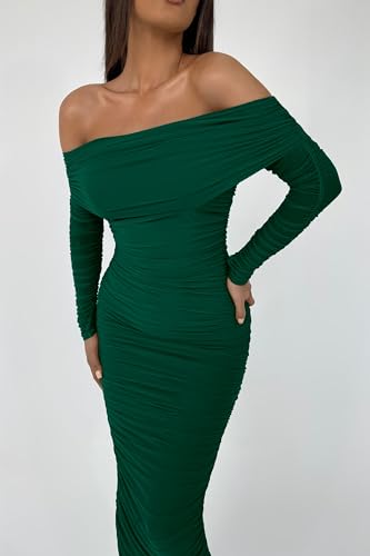 PRETTYGARDEN Women's Fall Off Shoulder Maxi Bodycon Dress Long Sleeve Ruched Fitted Club Dresses with Slit (Green,Medium)