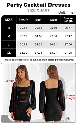 MASCOMODA Women Elegant Square Neck Lantern Long Sleeve Mini Ruched Bodycon Dress Stretch Mesh Slim Party Cocktail Dresses(Large,Black)