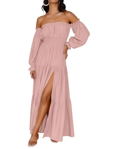 ZESICA Women's 2024 Boho Sexy Off Shoulder Long Sleeve Smocked High Waist Side Split Flowy A Line Tiered Long Maxi Dress,Pink,X-Large