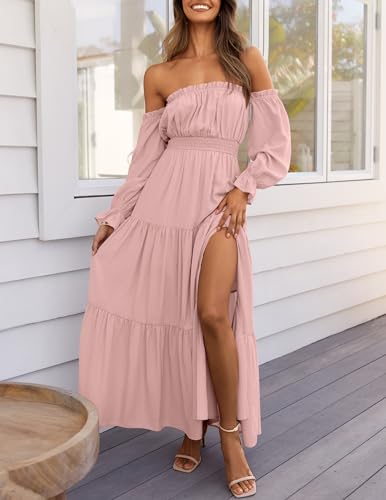 ZESICA Women's 2024 Boho Sexy Off Shoulder Long Sleeve Smocked High Waist Side Split Flowy A Line Tiered Long Maxi Dress,Pink,X-Large