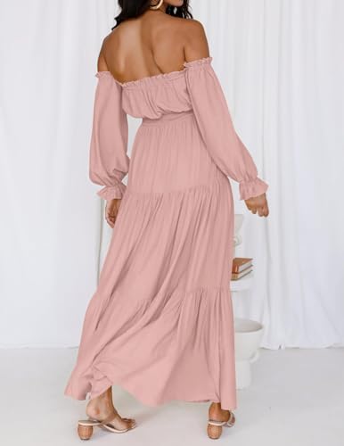 ZESICA Women's 2024 Boho Sexy Off Shoulder Long Sleeve Smocked High Waist Side Split Flowy A Line Tiered Long Maxi Dress,Pink,X-Large