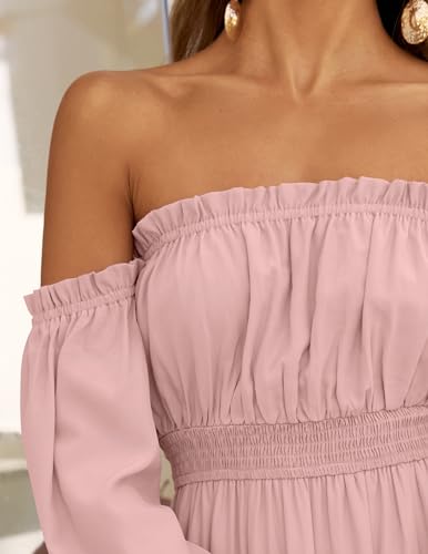 ZESICA Women's 2024 Boho Sexy Off Shoulder Long Sleeve Smocked High Waist Side Split Flowy A Line Tiered Long Maxi Dress,Pink,X-Large