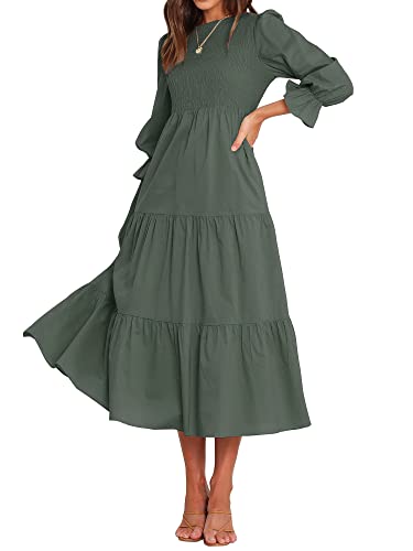 BTFBM Women Casual Long Sleeve Dress Fall Dresses 2024 Solid Color Relaxed Fit Smocked Tiered Flowy Boho Long Dresses(Solid Army Green,Small)