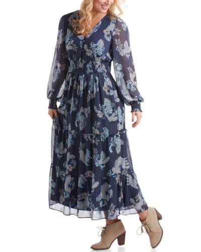 Lucky Brand Women's Summer Dress - Long Sleeve V Neck Flowy Midi, Maxi Dress - Boho Spring Wedding Guest Dress for Women, Size Medium, Navy Floral- Maxi