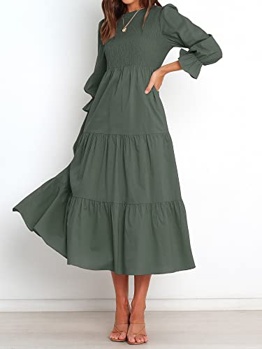 BTFBM Women Casual Long Sleeve Dress Fall Dresses 2024 Solid Color Relaxed Fit Smocked Tiered Flowy Boho Long Dresses(Solid Army Green,Small)