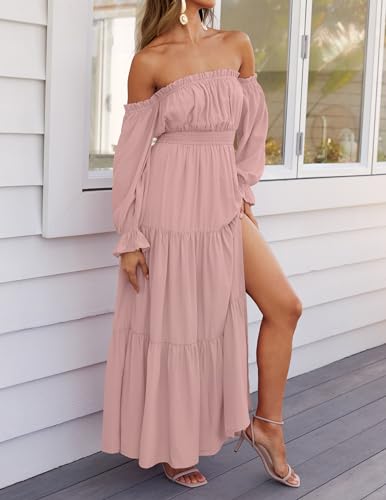 ZESICA Women's 2024 Boho Sexy Off Shoulder Long Sleeve Smocked High Waist Side Split Flowy A Line Tiered Long Maxi Dress,Pink,X-Large